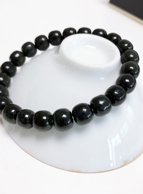 S503# 天然和田玉墨玉老型珠手链8.5*7.5mm 重量23.38克