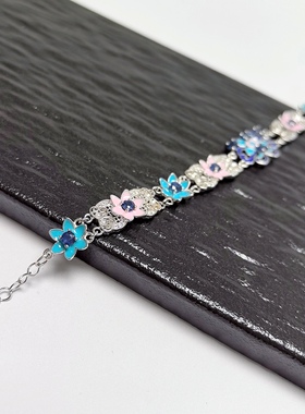 S619# 通体S925纯银复古烧蓝珐琅彩精工镶嵌蓝宝石手链9-12.5*3mm