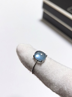 G60# 天然海蓝宝蛋面戒指 S925银镶嵌 开口可调指环9*7*5mm