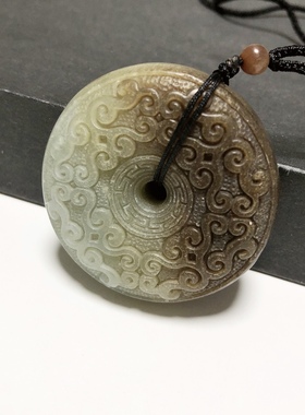 D853# 天然和田玉且末青黄口料半糖精工雕如意纹平安扣吊坠挂件