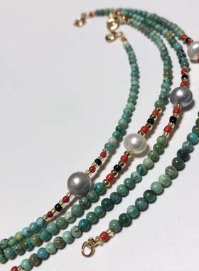 S1324# 天然原矿绿松石原创设计款手链3.2-3.3mm 配天然淡水珍珠