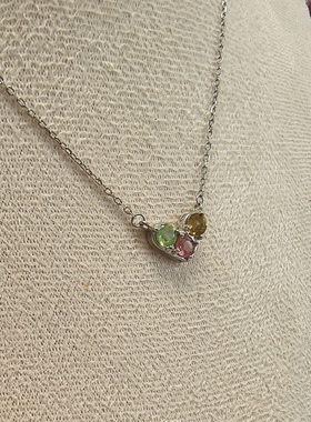 D1476# 通体S925纯银镶嵌天然碧玺吊坠锁骨链 新款项链 4mm*3颗