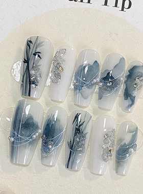 蓝色新中式国风手绘水墨晕染竹子显白高级清冷感美甲送果冻胶搓条