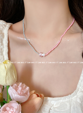 多巴胺粉蓝撞色串珠蘑菇吊坠项链