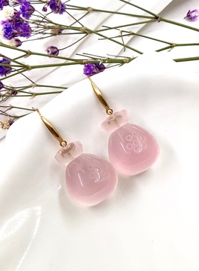 18K金天然粉水晶芙蓉石福袋耳环