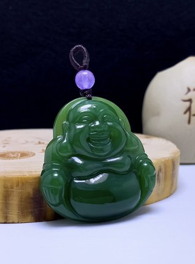 18K金天然和田碧玉佛公挂件开心大肚佛吊坠项链坠金镶玉石配证书