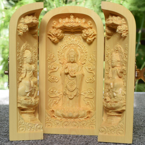 木质工艺品黄杨木雕刻三开盒随身龛盒摆件实木手把件红木礼品定制 - 图0