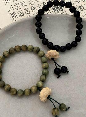 绿檀木串珠子莲花手链女款