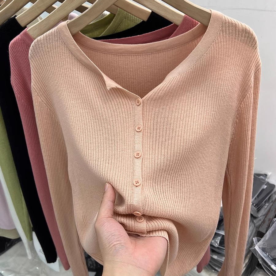 薄款软糯长袖坑条针织衫开衫女2025春秋装新款外搭防晒衣纯色上衣 - 图1