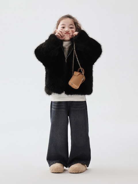 Senbaby童装定制女童仿皮草冬装亲子装韩版儿童连帽加绒毛毛外套