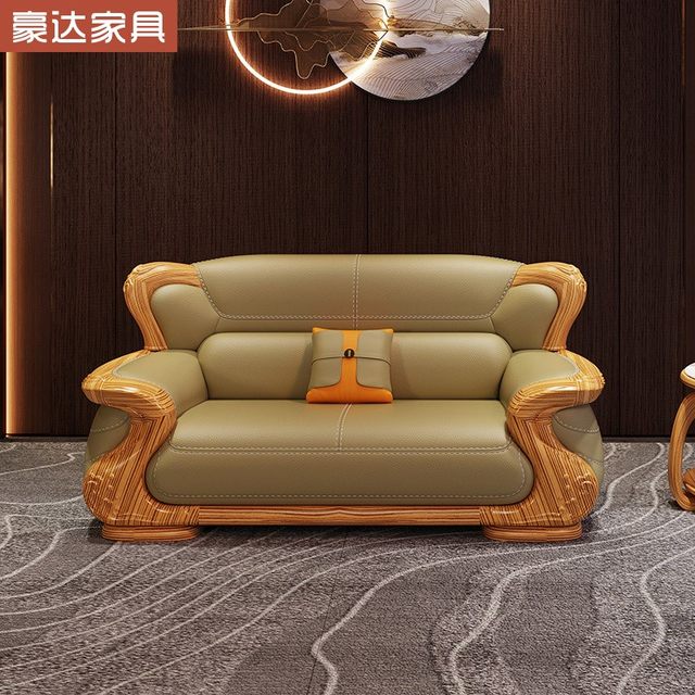 New Chinese style big black gold solid wood layer cowhide sofa 124 combination villa large flat floor living room whole house furniture