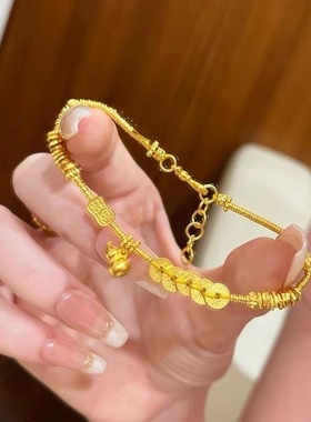 古法沙金五帝钱葫芦盘缠手串点钻跑环福禄手链复古气质送女友