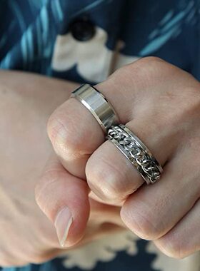 8mm黑色欧美男士链条戒指拉丝