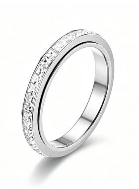 轻奢气质可转动单排满钻钛钢戒指女 18k不掉色锆石满天星情侣指环