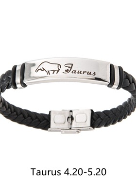 TEMU欧美跨境个性十二星座皮革编织不锈钢手环气质黑色饰品手链