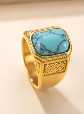 亚马逊新品不锈钢戒指铸造几何蓝松石情侣对戒复古轻奢风钛钢