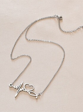 心形心电图钛钢项链女