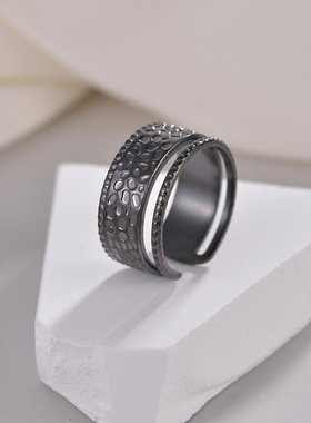 可调节捶打纹女士钛钢戒指指环
