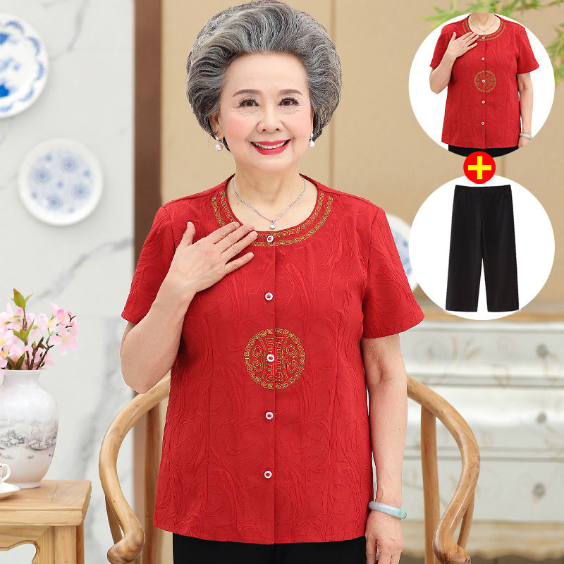 巴宝兹旗舰店中老年女装夏装新款裤子上衣两件套老年人奶奶装夏季短袖套装0