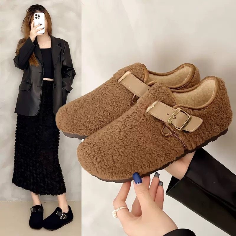 羊羔毛毛鞋女士韩版勃肯鞋2025新款冬季一脚蹬平底豆豆鞋加绒棉鞋,淘宝优惠券,粉丝福利购,淘宝优惠卷