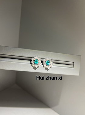 Hui zhan xi培育帕拉伊巴1ct满钻花朵镶嵌戒指耳钉项链三件套套装