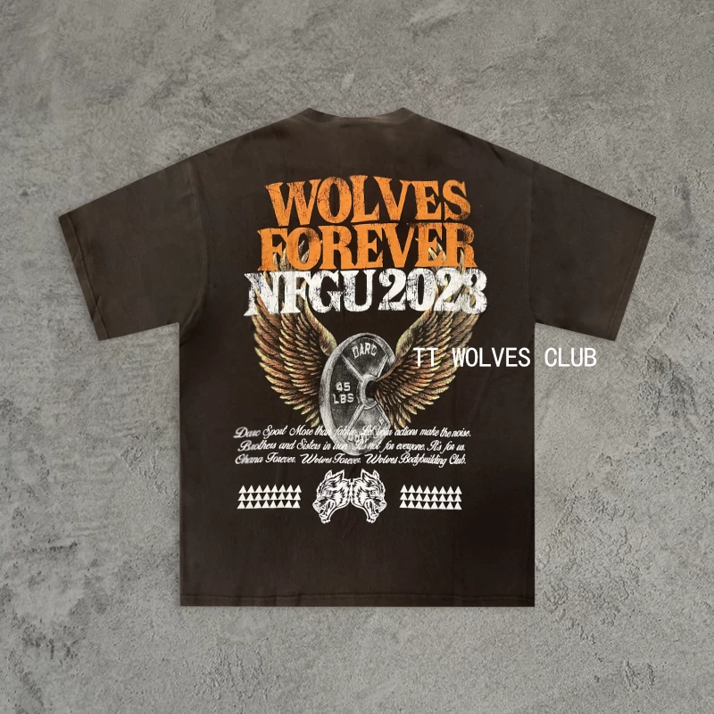 TT Wolves exclusive! Wolf head retro sand washing, old loose sports, casual breathable sports short-sleeved D91