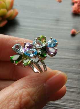 【寂寞五岁】双生花～多彩水晶精镶银戒