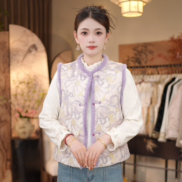 【紫气东来-加棉马甲】中式风圆领百搭显瘦织花马甲1167 - 图0