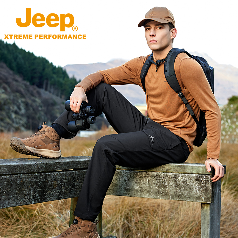 Jeep吉普户外防泼水软壳裤男秋冬加绒保暖直筒长裤透气耐磨运动裤