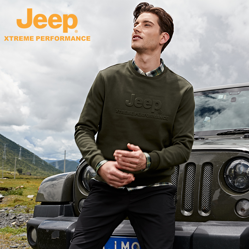 jeep吉普圆领加绒卫衣男士户外运动长袖休闲男装秋冬正品新款上衣