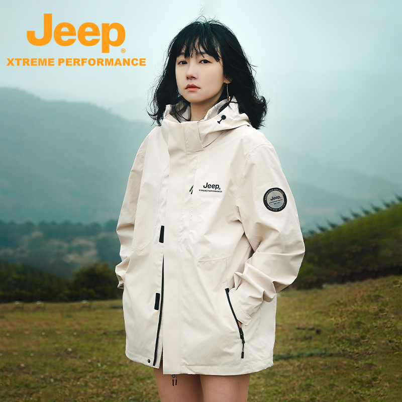 Jeep新款硬壳冲锋衣情侣春户外2024登山服男防水防风三合一外套女