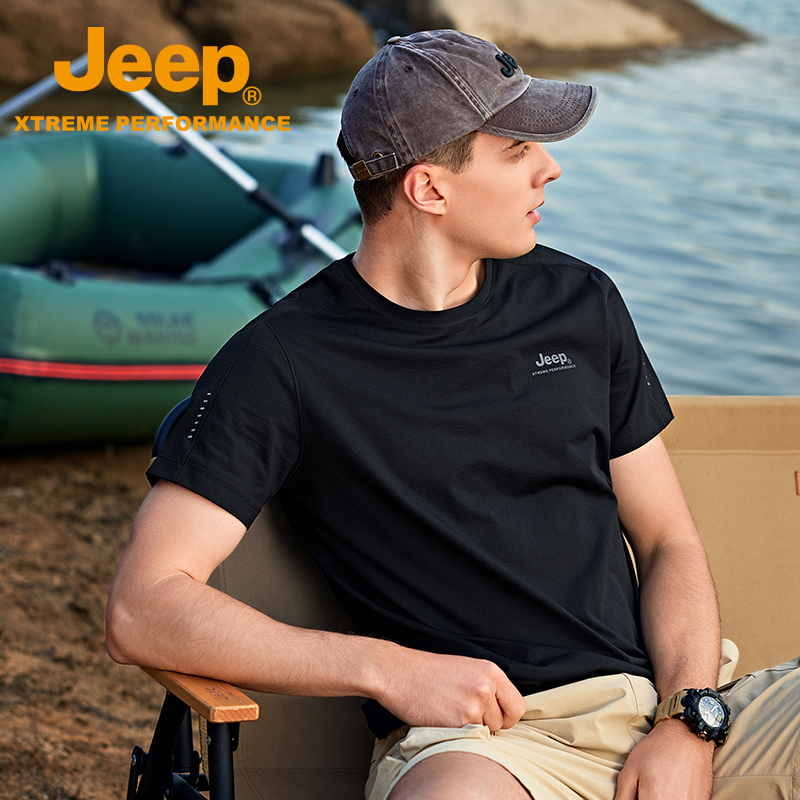 Jeep官方2024新款户外T恤男士夏季透气速干短袖商务休闲黑色上衣-图2