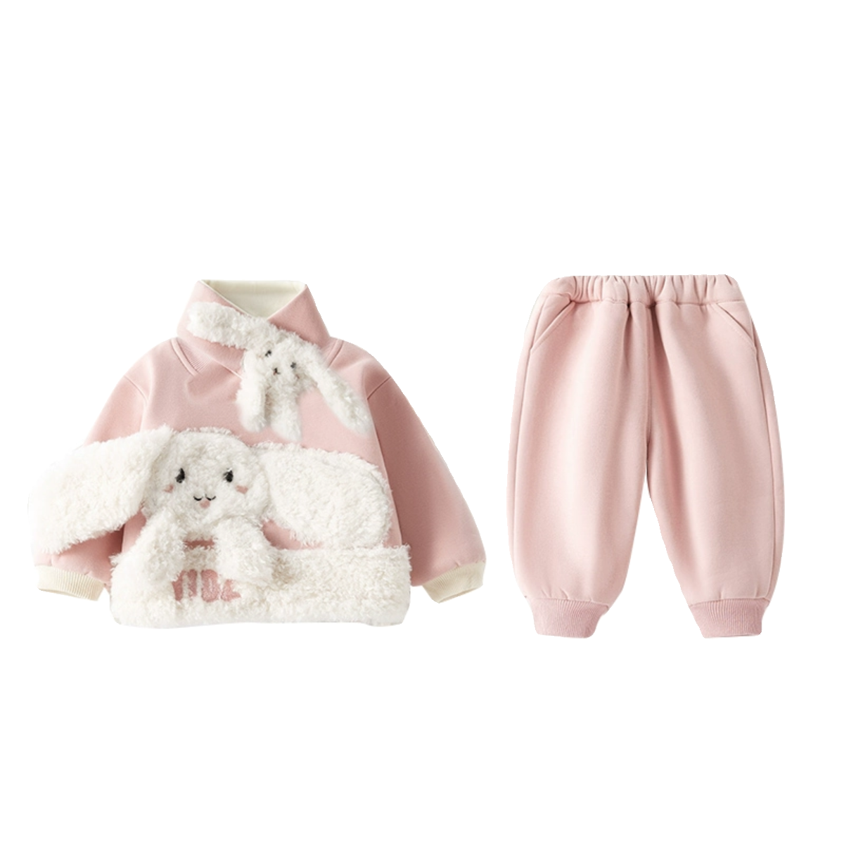 女童兔子卫衣加绒套装2023新款女宝宝冬装洋气时髦加厚保暖三件套