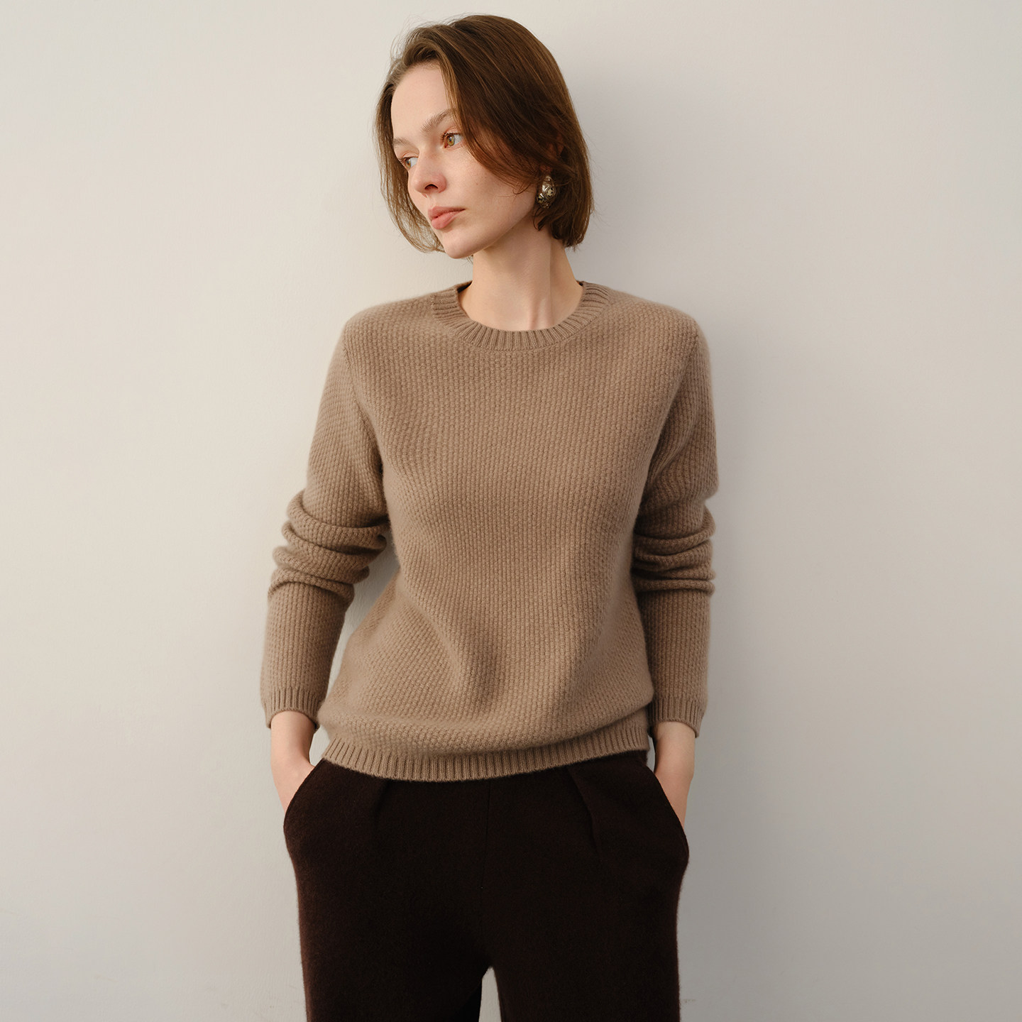 秋冬新款100%纯山羊绒衫女圆领加厚立体浮雕显瘦百搭针织打底毛衣,淘宝优惠券,粉丝福利购,淘宝优惠卷