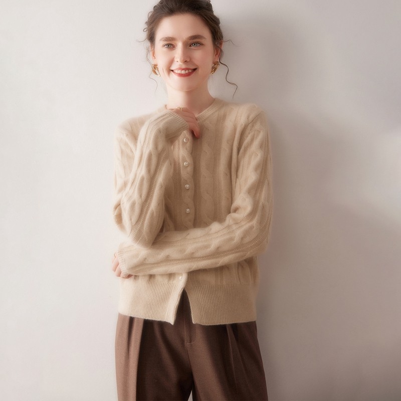 秋冬新款100%山羊绒开衫女圆领绞花针织外套宽松毛衣保暖时尚百搭,淘宝优惠券,粉丝福利购,淘宝优惠卷