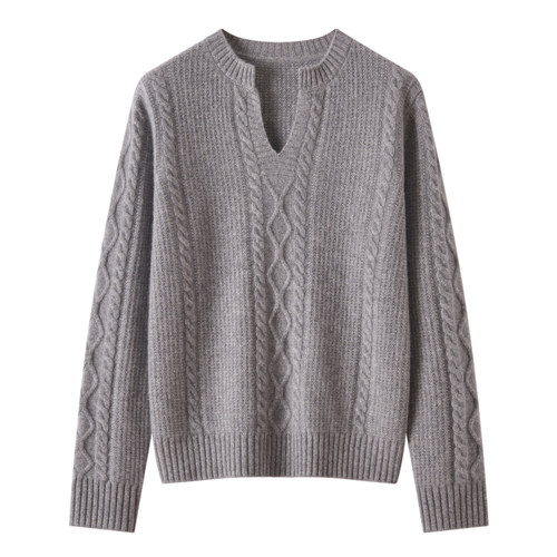 轻奢秋冬新款100%纯山羊绒衫女剪刀领绞花毛衣宽松加厚针织打底衫 - 图0