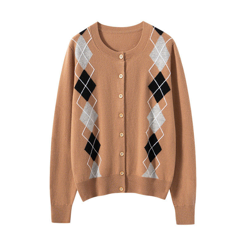 2025秋冬新款100%纯山羊绒开衫女圆领系扣菱形格简约百搭针织外套,淘宝优惠券,粉丝福利购,淘宝优惠卷