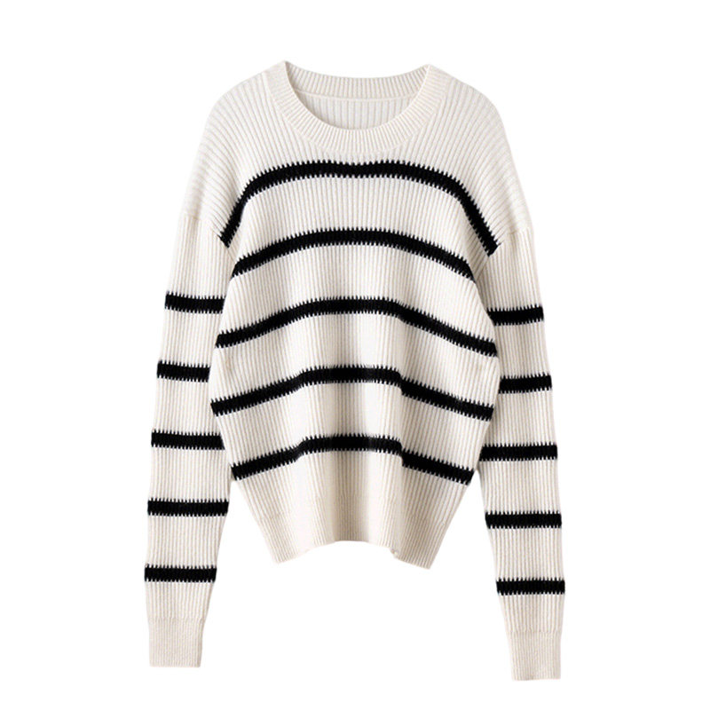2025秋冬新款圆领条纹100%山羊绒衫女宽松百搭软糯针织打底衫毛衣,淘宝优惠券,粉丝福利购,淘宝优惠卷