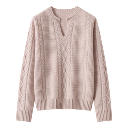 轻奢秋冬新款100%纯山羊绒衫女剪刀领绞花毛衣宽松加厚针织打底衫 - 图1