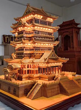 中国木雕挂件家居装饰中式摆件工艺品古建模型50公分高楠木滕王阁