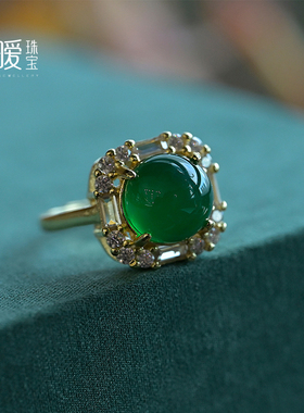 冰种绿玛瑙戒指镶嵌蛋面戒子女饰