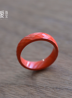 天然朱砂指环刻面复古男女款戒指