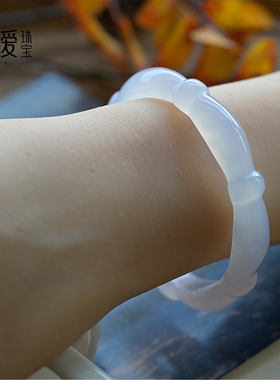 天然玛瑙手镯竹节款白玉髓荔枝冻复古风雕刻竹子玉镯白色水晶饰品