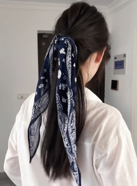 韩系复古风藏青色腰果花绑发丝巾发带头绳扎头发的飘带发圈头饰女