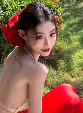 明媚的红~红色缎面超大号大肠发圈高级感喜庆显白马尾发绳头花女