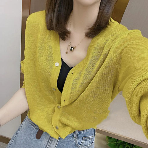 冰丝针织短外套2022夏季新款防晒开衫女薄款宽松V领显瘦上衣 - 图0