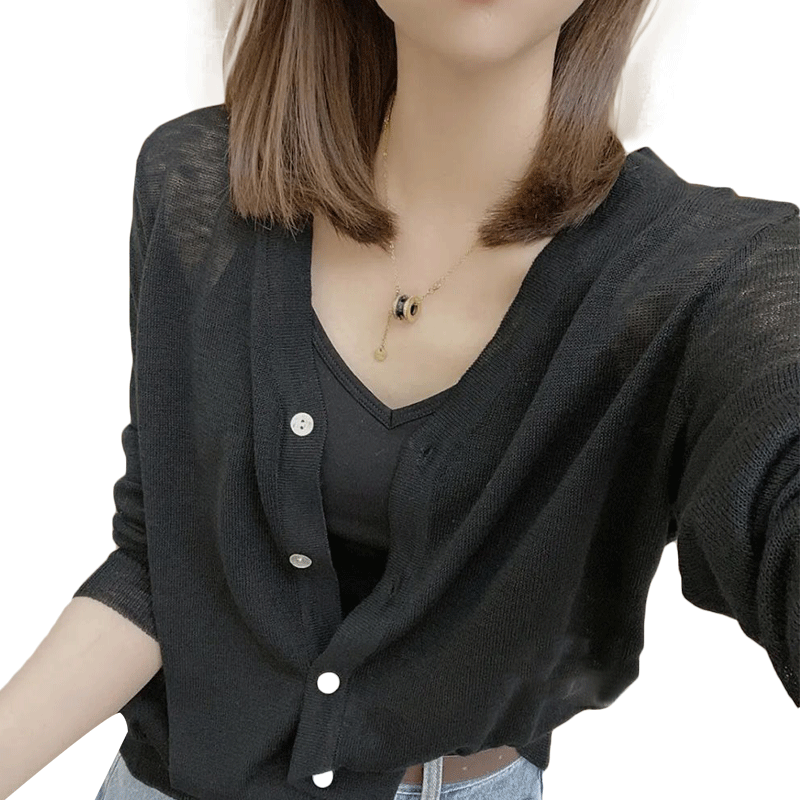 冰丝针织短外套2022夏季新款防晒开衫女薄款宽松V领显瘦上衣 - 图3