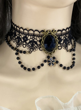 跨境黑白色项链配饰复古气质蕾丝choker锁骨链暗黑系颈链脖子饰品