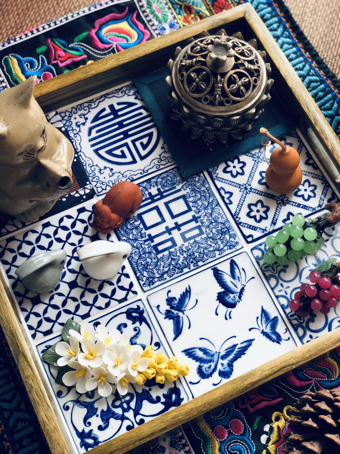 高两河纯手绘新中式美式青花粉彩瓷片拼接茶具茶盘陶瓷实木框托盘