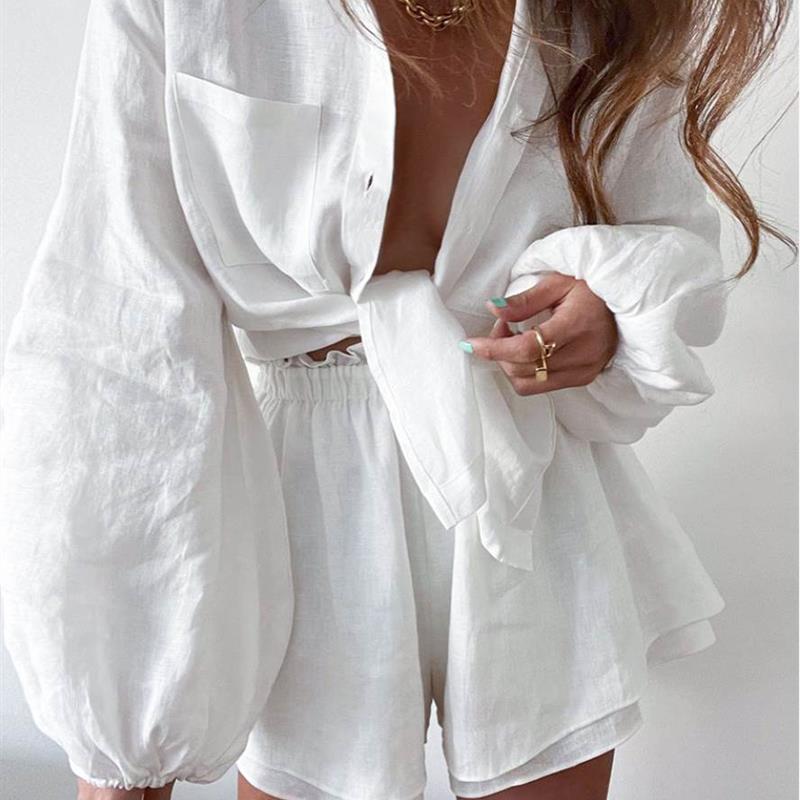 Lantern Long Sleeve Shirt Shorts Set欧美灯笼长袖衬衫短裤套装 - 图1